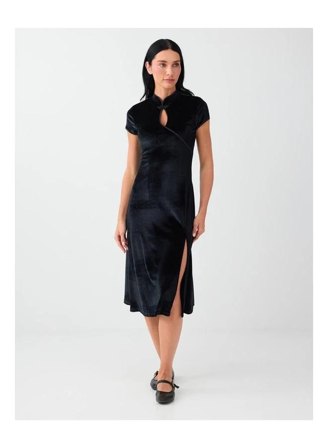Jimmy Key  Black Slit Detailed Mandarin Collar Velvet Midi Dress. for Women | Best Price UAE