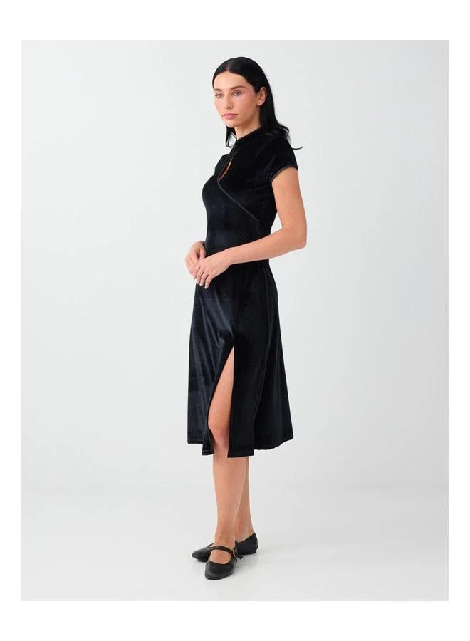 Jimmy Key  Black Slit Detailed Mandarin Collar Velvet Midi Dress. for Women | Best Price UAE