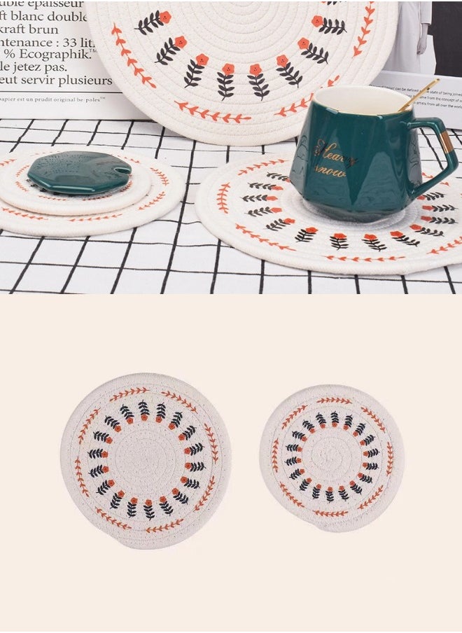 ShebSheb 2PCS Round  Pure Cotton Thread Weave Place mats, Stylish Coasters,Diameter: 12cm and 18cm  - Image 1