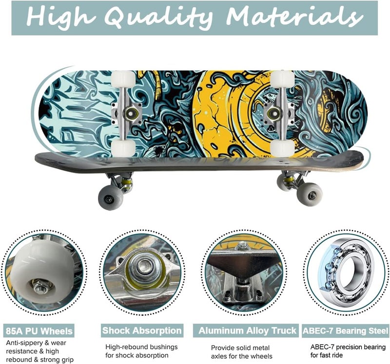 Skateboard Complete Standard Skateboard, 9 Layers Maple Pro Cruiser Skateboard Double Kick Street Trick Skateboards Concave Longboard with PU Wheels for Beginners Teens Adults - Image 4