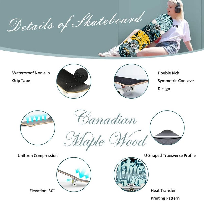 Skateboard Complete Standard Skateboard, 9 Layers Maple Pro Cruiser Skateboard Double Kick Street Trick Skateboards Concave Longboard with PU Wheels for Beginners Teens Adults - Image 3