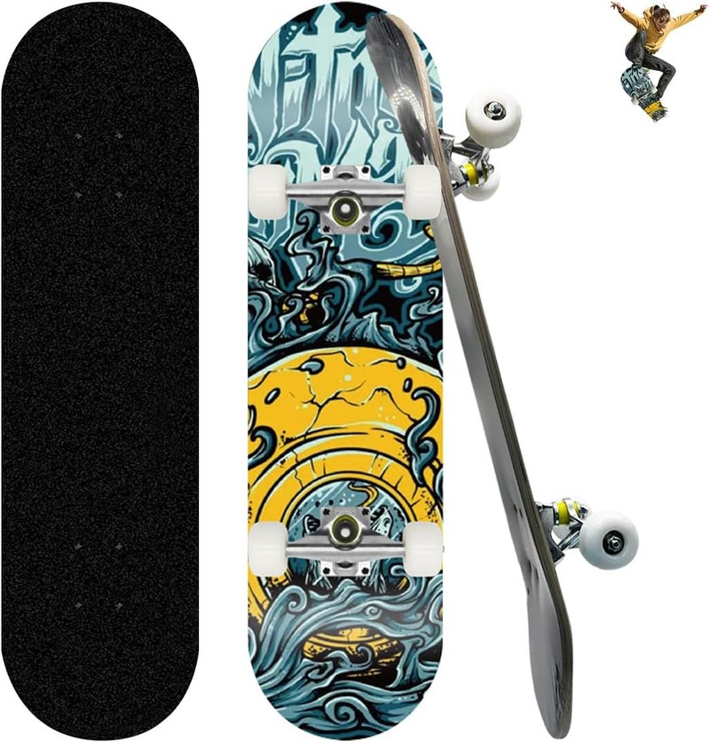 Skateboard Complete Standard Skateboard, 9 Layers Maple Pro Cruiser Skateboard Double Kick Street Trick Skateboards Concave Longboard with PU Wheels for Beginners Teens Adults - Image 1