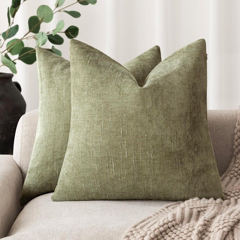 Foindtower Pack of 2 Soft Textured Chenille Throw Decorative Pillow Covers Square Accent Solid Cushion Cover Cozy Neutral Farmhouse Pillow Case for Couch Sofa Bedroom Living Room 22x22 Inch,Sage Green - Image 1