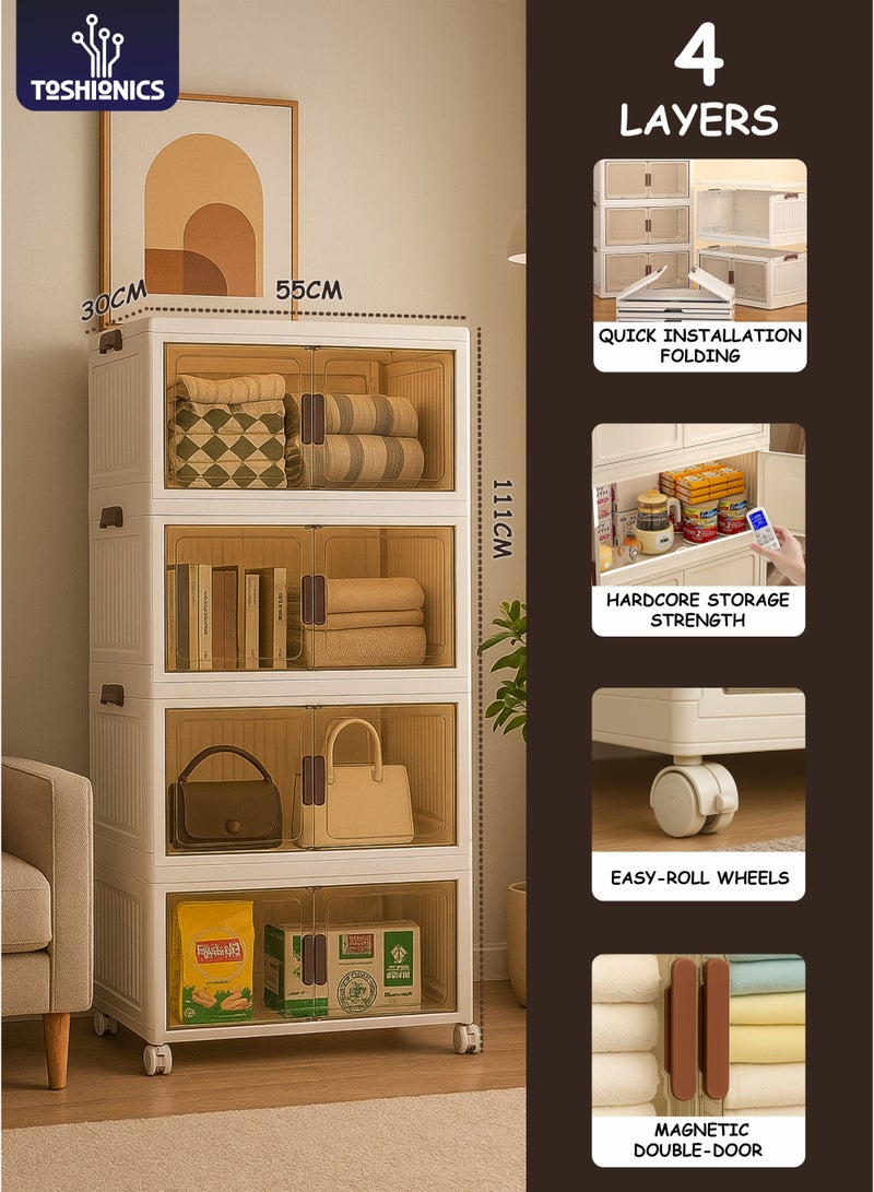 توشيونيكس خزانة تخزين بلاستيكية من 4 طبقات - 55 × 30 × 111 سم - مع أبواب مزدوجة من الأكريليك الشفاف بلون بني وعجلات قابلة للقفل - منظم متعدد الطبقات قابل للطي والتكديس ومتعدد الاستخدامات للملابس والألعاب والمخزن والمزيد - متوفر بمقاسات مختلفة - Image 1