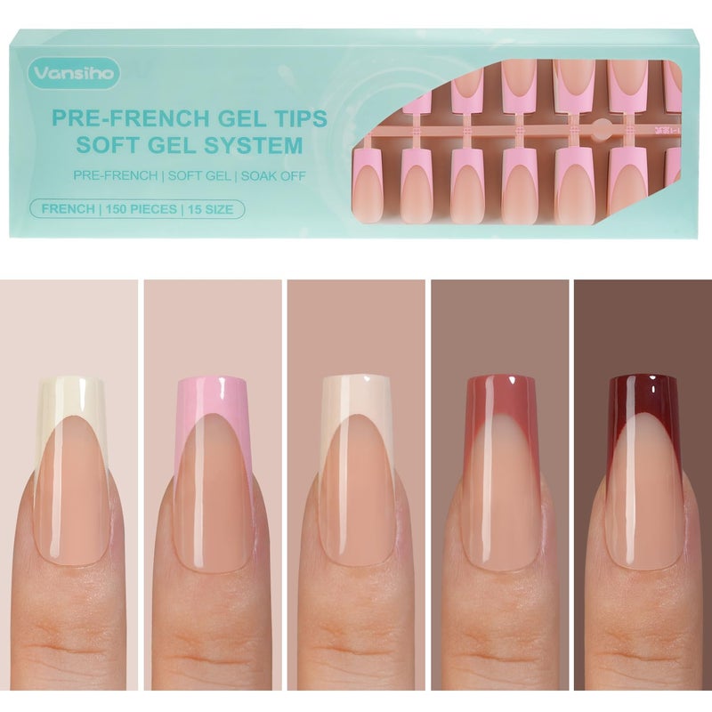 VANSIHO 150Pcs French Gel Nail Tips, Vansiho Long Square Nail Tips, Pre-French Tips Press on Nails, Fake Nails for Nail Art DIY 15 Sizes - Image 1