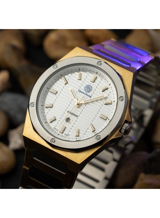 Opera House Men’s 6 Genuine Diamonds Watch Stainless Steel Analog with (1.2–1.25mm SI2 GH), Quartz Movement, White Dial, Golden Stainless Steel Bracelet, Butterfly Clasp, Luxury Classic Dress Watch - Image 1