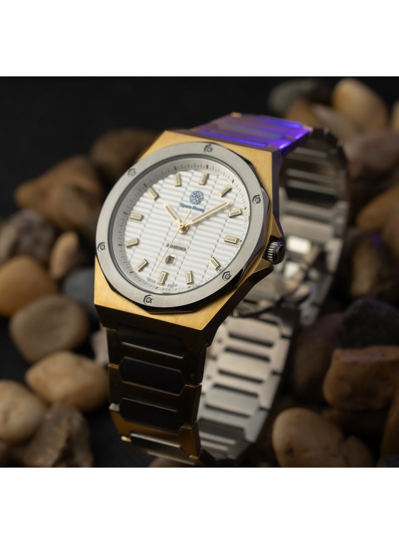 Opera House Men’s 6 Genuine Diamonds Watch Stainless Steel Analog with (1.2–1.25mm SI2 GH), Quartz Movement, White Dial, Golden Stainless Steel Bracelet, Butterfly Clasp, Luxury Classic Dress Watch - Image 5