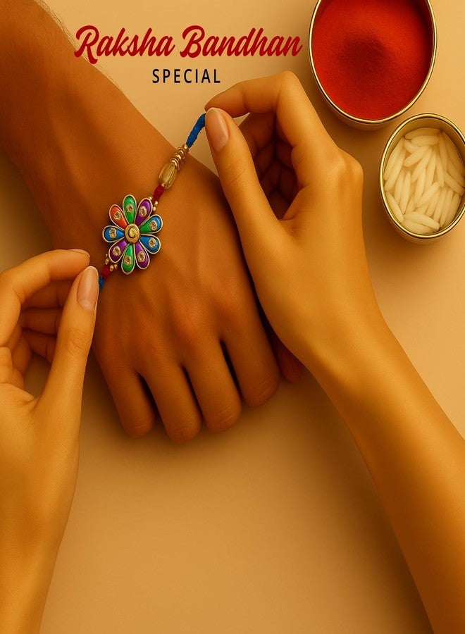 Sage Square Rakhi for Brother, Bhai with Roli Chawal | Raksha Bandhan | Designer Beads, Stones, Decorative Work | Stylish Handcrafted Rakhi Gifting for Sibling Festival Celebration (Type 37) - Image 3