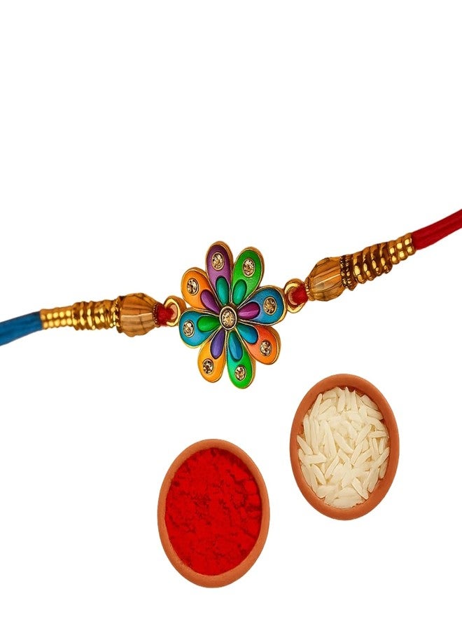 Sage Square Rakhi for Brother, Bhai with Roli Chawal | Raksha Bandhan | Designer Beads, Stones, Decorative Work | Stylish Handcrafted Rakhi Gifting for Sibling Festival Celebration (Type 37) - Image 1