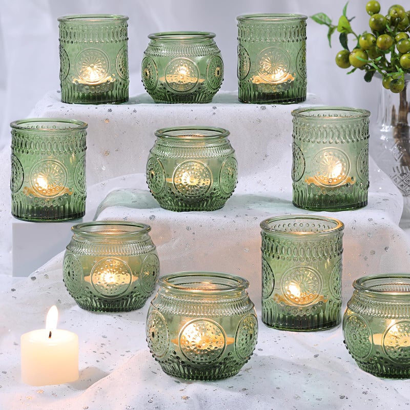 DARJEN 12Pcs Green Votive Candle Holders  Glass Tea Light Candle Holder for Wedding Shower Candle Holder Bulks for Wedding  Home Table Decor Vintage Parties Gifts