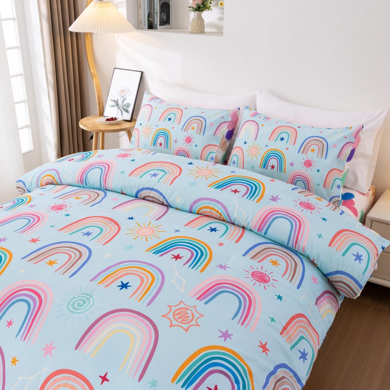 Btargot Lightweight Soft 3 Piece Rainbow Comforter Set with 2 Pillow Covers, Cartoon Love Hearts Suns and Stars Bedding Set for Girls Boys Kids, Full Light Blue - Image 3