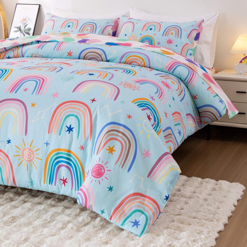 Btargot Lightweight Soft 3 Piece Rainbow Comforter Set with 2 Pillow Covers, Cartoon Love Hearts Suns and Stars Bedding Set for Girls Boys Kids, Full Light Blue - Image 4