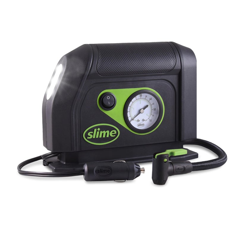 Slime 40050 Tire Inflator Portable Car Air Compressor with Analog 100 psi Dial Gauge Long Hose and LED Light 12V 8 min Inflation