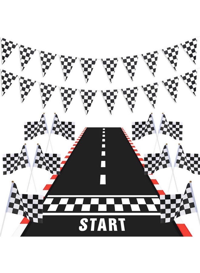 Tatuo زينة حفلات سيارات السباق من تاتيو - سجادة سباق بطول 6.6 × 2 قدم - لافتة علم سباق مربعة بطول 6.6 قدم - 10 قطع من أعلام السباق المربعة مع عصا لتزيين حفلات عيد الميلاد لسيارات السباق - Image 1