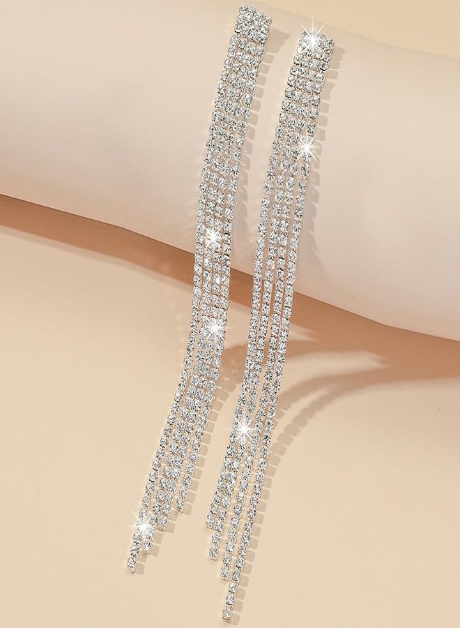 FUTIMELY Sparkling Crystal Tassel Earrings for Women,Multi Long Strands Cubic Zirconia Chandelier Statement Earrings Wedding Earrings Bridal Bridesmaid (Silver) - Image 5