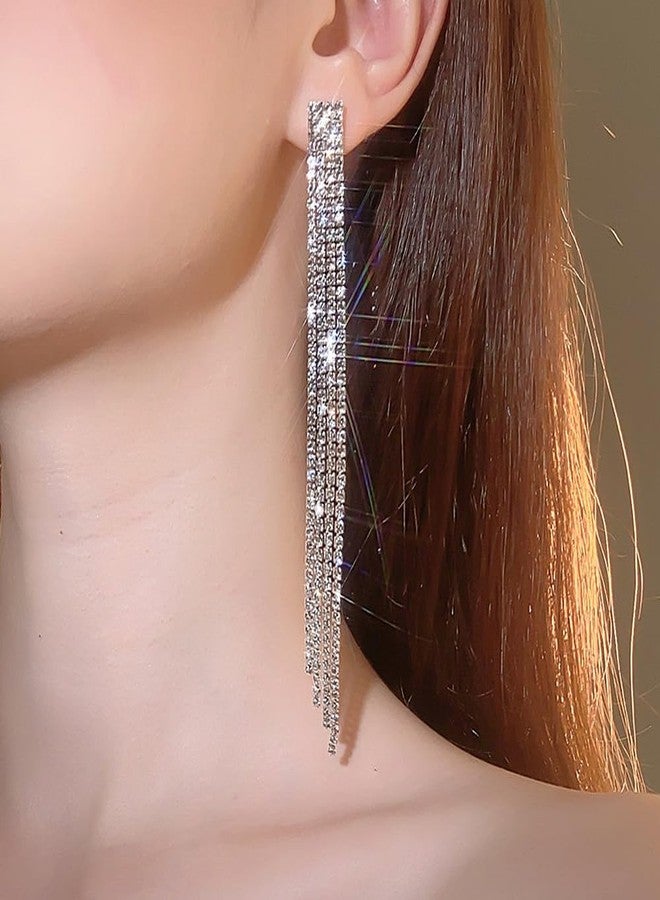 FUTIMELY Sparkling Crystal Tassel Earrings for Women,Multi Long Strands Cubic Zirconia Chandelier Statement Earrings Wedding Earrings Bridal Bridesmaid (Silver) - Image 3