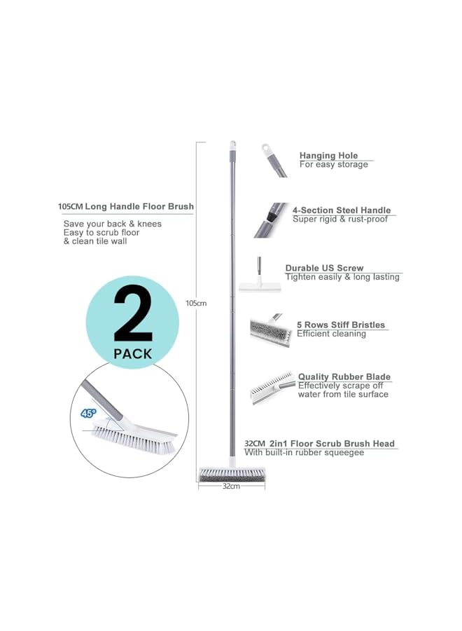 PROMASS Floor Scrub Brush with 41 Inch Long Adjustable Handle, 2 in 1 Scrape Brush, Stiff Bristle Floor Scrubber for Cleaning Shower Bathroom Garage Kitchen Wall Deck Tub Tile, Shower Scrubber Kit (2 Pack) - Image 2