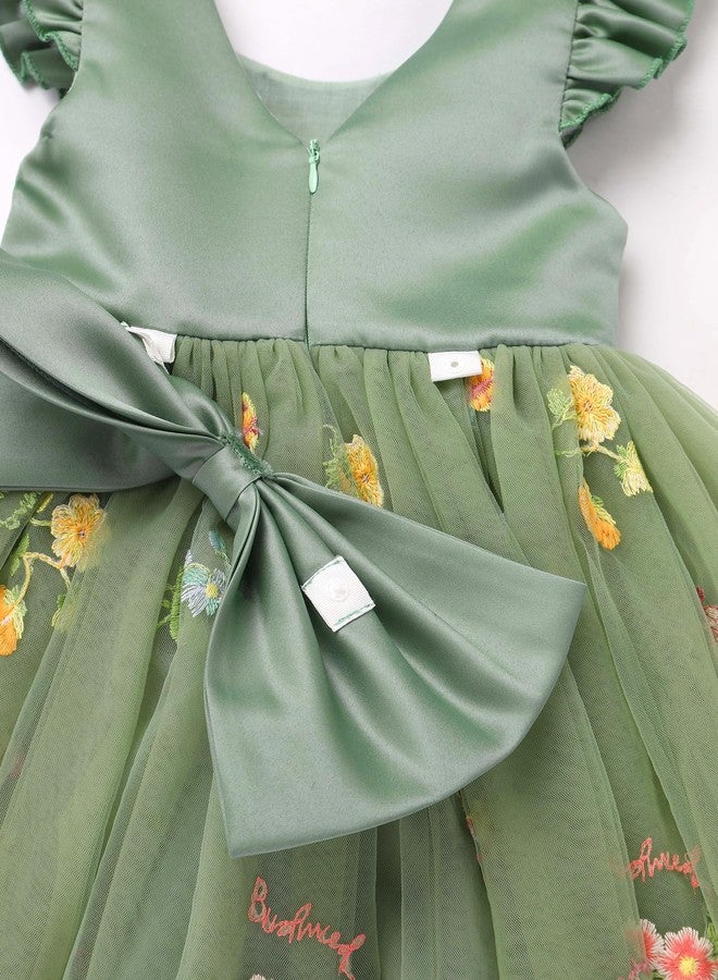 ODOLDI Kids Girls Wedding Flower Girl Dress Flutter Sleeve Embroidered Strawberry Pattern Mesh Tutu Dress with Bowknot Green 2-3 Years - Image 4