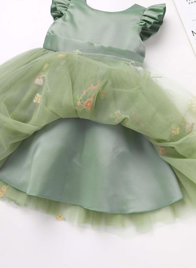 ODOLDI Kids Girls Wedding Flower Girl Dress Flutter Sleeve Embroidered Strawberry Pattern Mesh Tutu Dress with Bowknot Green 2-3 Years - Image 3