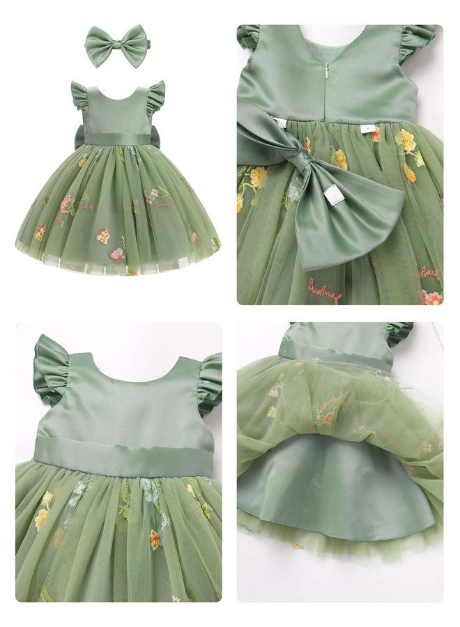 ODOLDI Kids Girls Wedding Flower Girl Dress Flutter Sleeve Embroidered Strawberry Pattern Mesh Tutu Dress with Bowknot Green 2-3 Years - Image 5