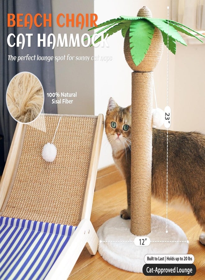 PETKARAY Cat Hammock with Coconut Palm Tree Scratching Post, Cozy Beach Chair Elevated Cat Beds, Original Lounger for Indoor Cats - Image 2