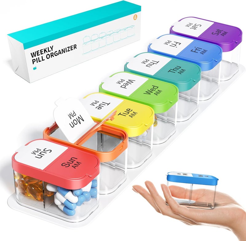 Odaro Extra Large Weekly Pill Organizer, XL Pill Box 7 Day Am Pm, Jumbo Medicine Organizer 2 Times A Day to Hold Daily Medicine Vitamin and Supplements - Rainbow