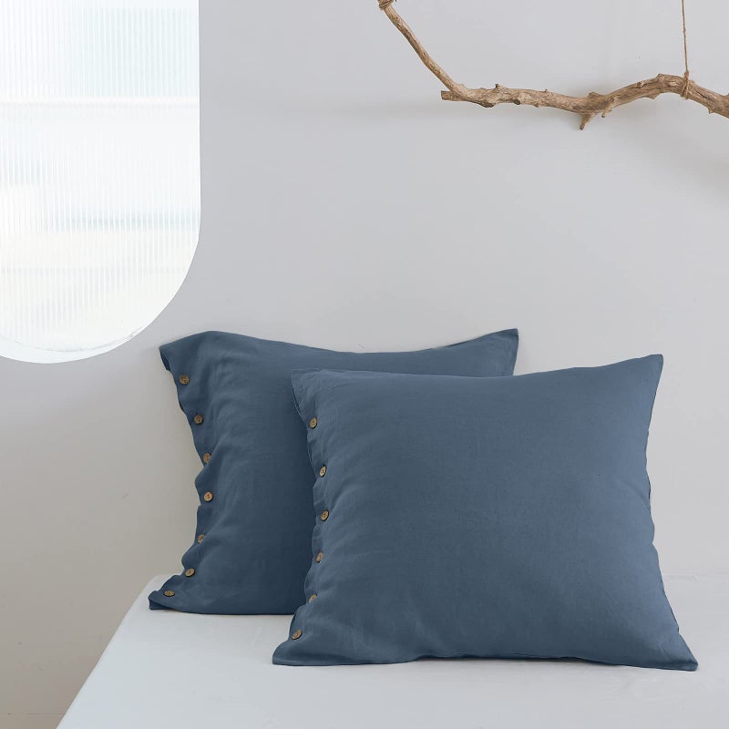 SimpleOpulence 100 Washed Linen Euro Sham Cover 26 x 26 Inch Decorative Bed Pillow Cover with Coconut Button Solid Color Pillow Shams Set of 2 Classic Blue