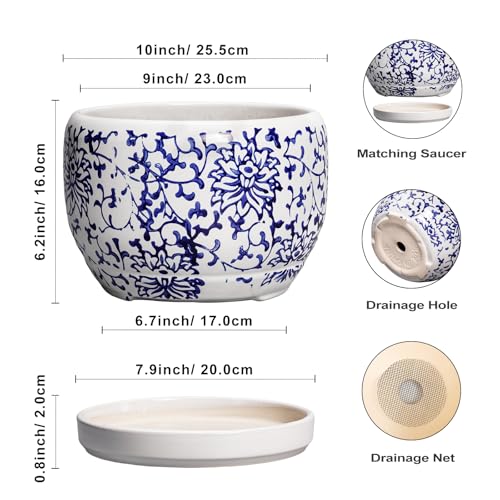 SQOWL Ceramic Pots for Plants - 10 Inch Ceramic Flower Pots with Drainage Hole and Saucer, Round Large Planter Indoor, Decorative Porcelain Planter Outdoor, Home Decor, Birthday Gifts, Blue and White - Image 3