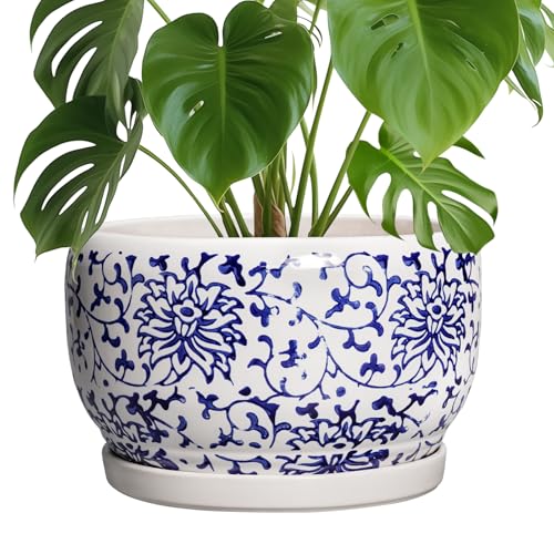 SQOWL Ceramic Pots for Plants - 10 Inch Ceramic Flower Pots with Drainage Hole and Saucer, Round Large Planter Indoor, Decorative Porcelain Planter Outdoor, Home Decor, Birthday Gifts, Blue and White - Image 1