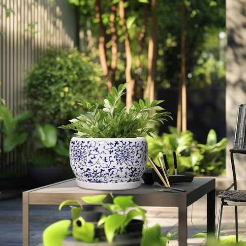SQOWL Ceramic Pots for Plants - 10 Inch Ceramic Flower Pots with Drainage Hole and Saucer, Round Large Planter Indoor, Decorative Porcelain Planter Outdoor, Home Decor, Birthday Gifts, Blue and White - Image 5