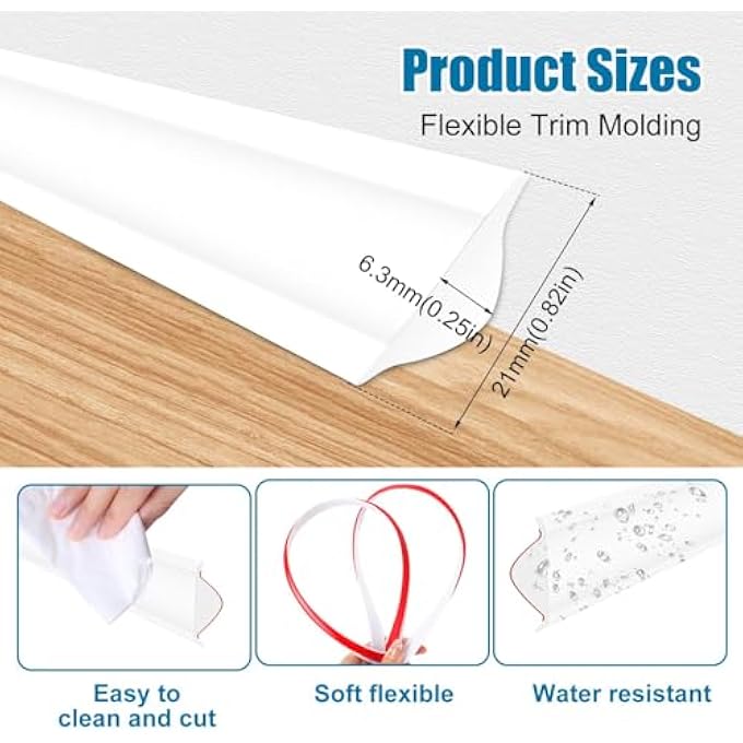 FLEXIBLE MOLDING TRIM, WHITE SELF ADHESIVE WALL TRIM MINI PEEL AND STICK RUBBER TRIM MOLDING FOR FLOOR, BATHROOM,WALLS,KITCHEN,COUNTERTOP HOME DECORATION (WHITE,236INCH) - Image 3