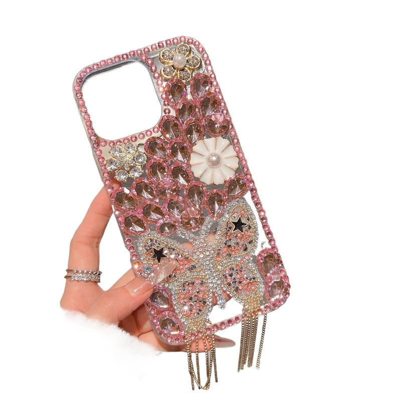 LS غطاء هاتف بTPU لـ iPhone 16 / 16 Plus / 16 Pro / 16 Pro Max مع حماية من السقوط وتغطية كاملة مع مقاوم للصدمات مع كريستال راينستون باللون وردي بتفاصيل مرصعة من مادة TPU باللون الوردي - Image 1