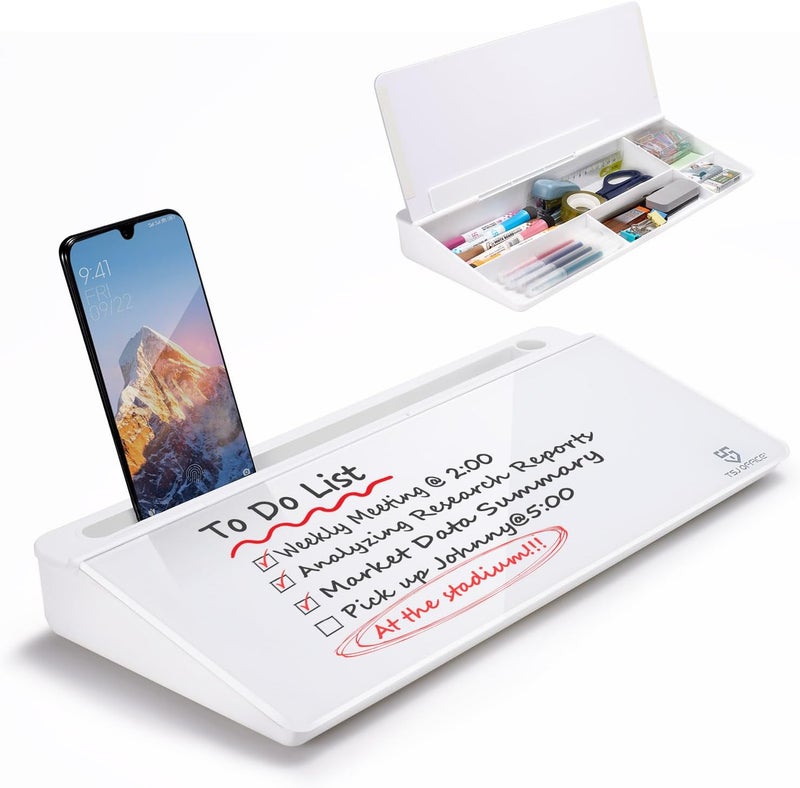 TSJ OFFICE Small Glass Dry Erase Desk Whiteboard - Computer Keyboard Holder with Drawer, Organizers with Accessories for Home, School Supplies - Image 1