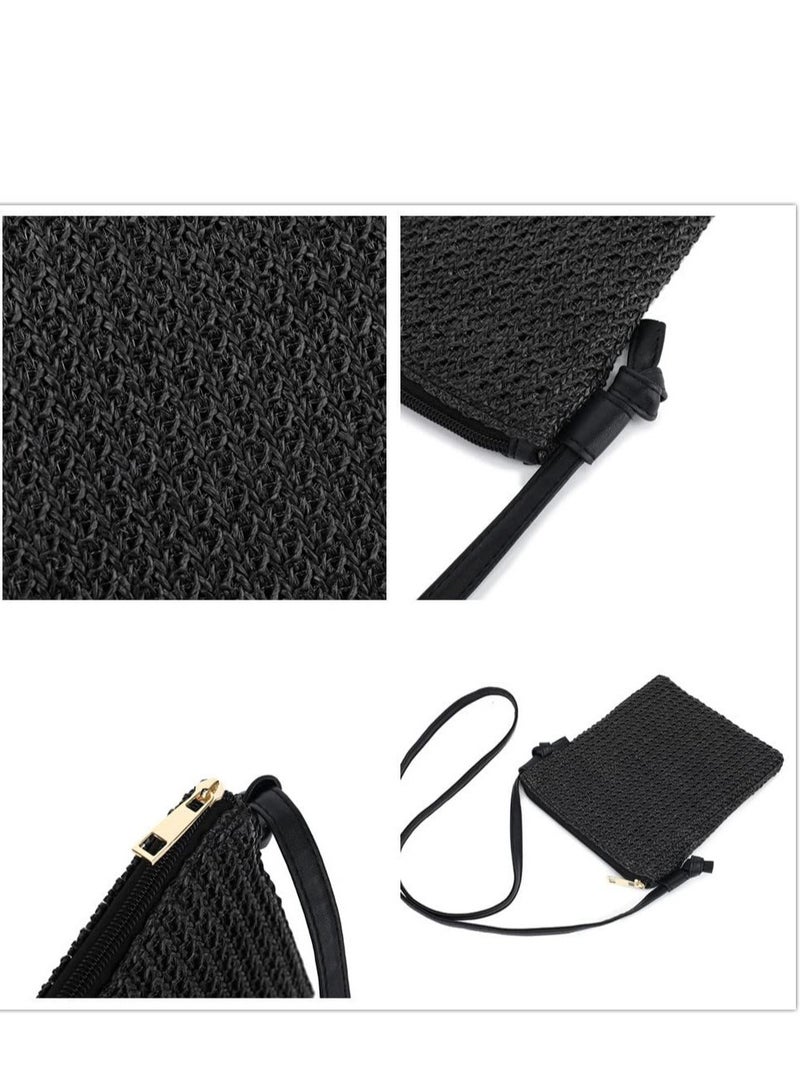 Excefore Straw Crossbody Beach Bag, Summer Beach Shoulder Bags, Boho Woven Clutch Bag, Suitable for Beach Vacation Party (Black)  - Image 4