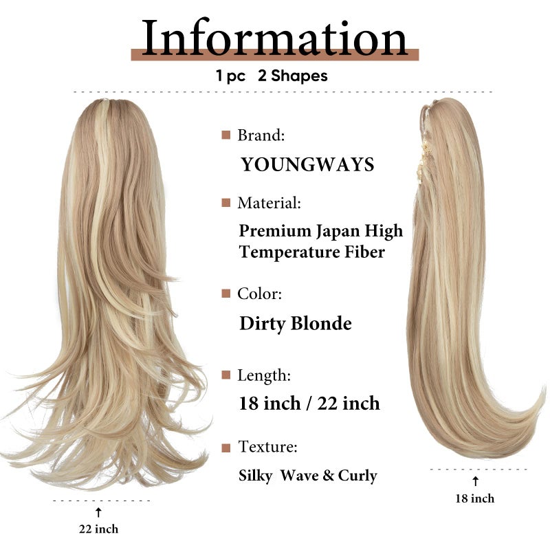 youngways Clip in Ponytail Extension Dirty Blonde 18 Inch Pony Tails Hair Extensions for Women Long Straight Curly Tail Ponytail Hair piece Synthetic Fake Versatile Pony - Image 3