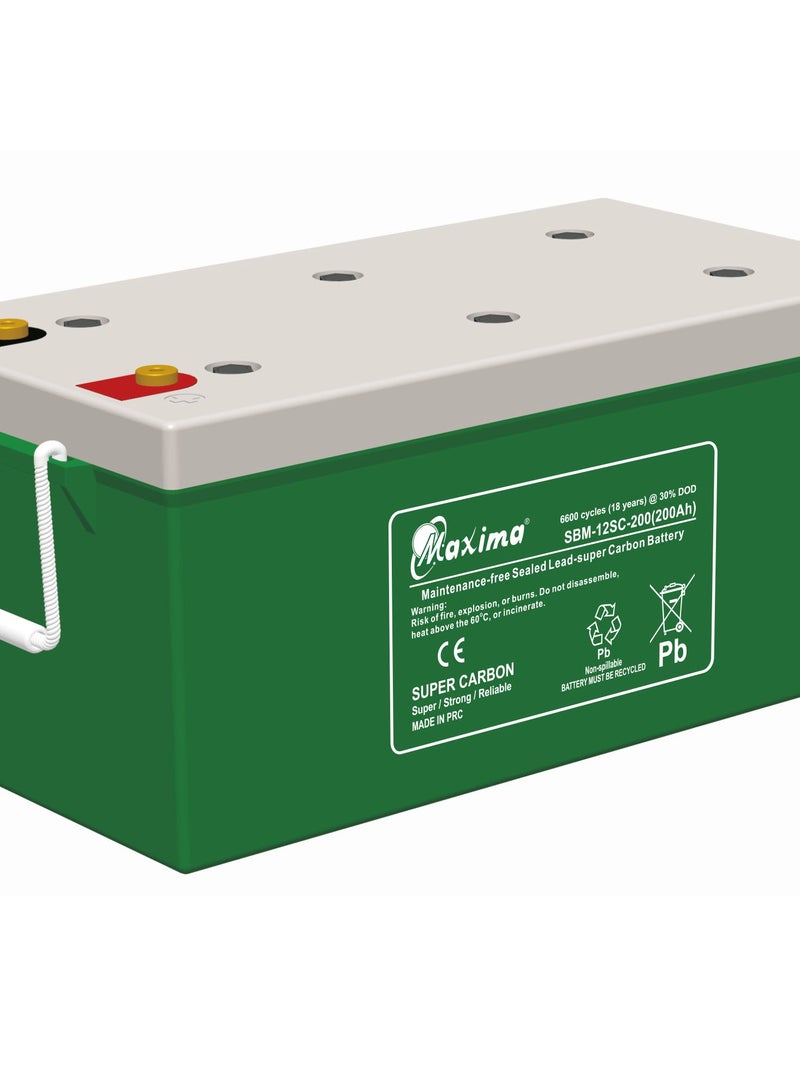 بطارية ماكسيما سولار سوبر كربون 12V/200Ah مصممة لتطبيقات الطاقة الشمسية، تستخدم تقنية الكربون المتقدمة وتقنية الدورة العميقة للشحن الأسرع، ومعدلات التفريغ العالية، والموثوقية طويلة الأمد.