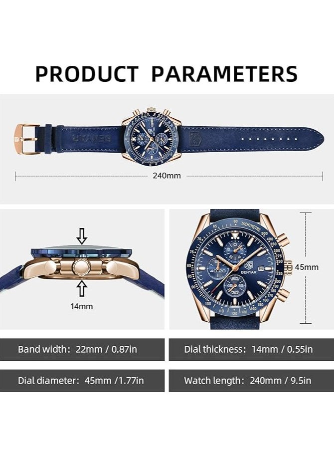 BENYAR - Mens Watch Waterproof Chronograph Date Watch for Men Leather Strap Quartz Movement Analog Watch Business Casual Gift for Men - Image 1