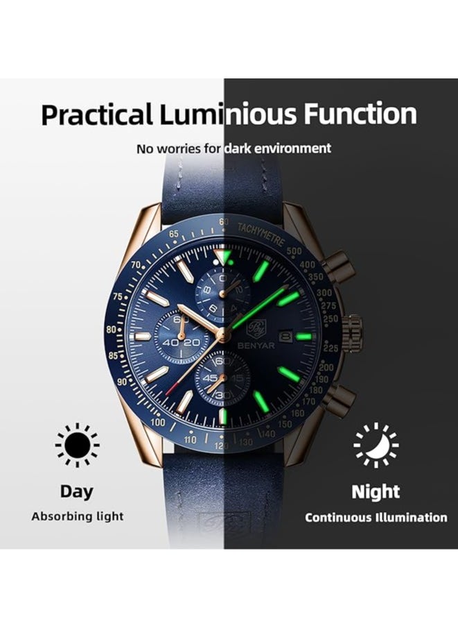 BENYAR - Mens Watch Waterproof Chronograph Date Watch for Men Leather Strap Quartz Movement Analog Watch Business Casual Gift for Men - Image 1