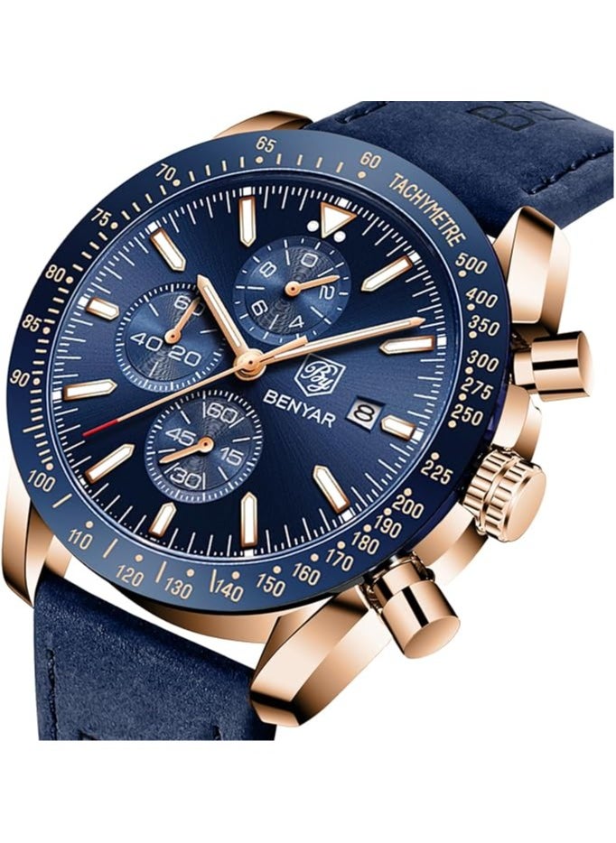 BENYAR - Mens Watch Waterproof Chronograph Date Watch for Men Leather Strap Quartz Movement Analog Watch Business Casual Gift for Men - Image 1