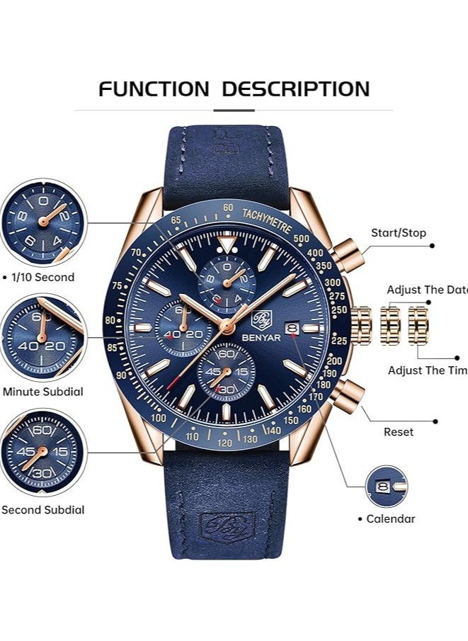 BENYAR - Mens Watch Waterproof Chronograph Date Watch for Men Leather Strap Quartz Movement Analog Watch Business Casual Gift for Men - Image 1