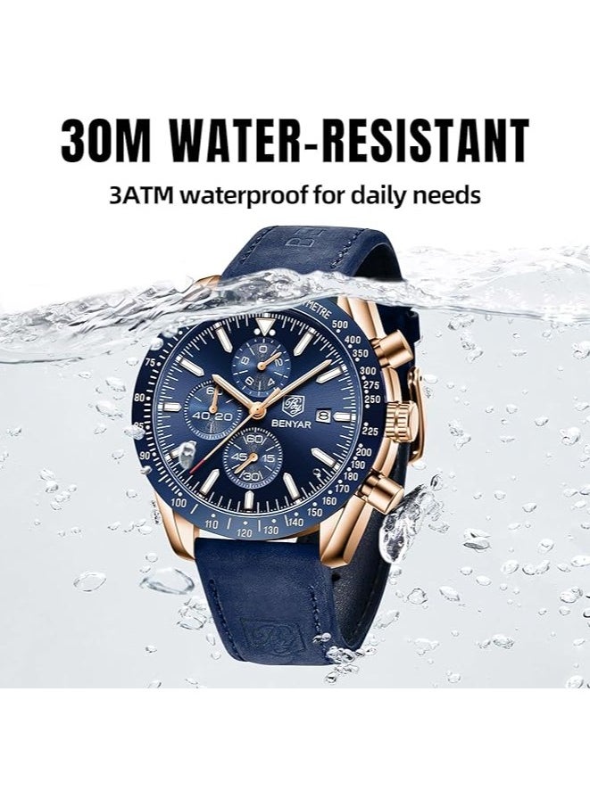 BENYAR - Mens Watch Waterproof Chronograph Date Watch for Men Leather Strap Quartz Movement Analog Watch Business Casual Gift for Men - Image 1