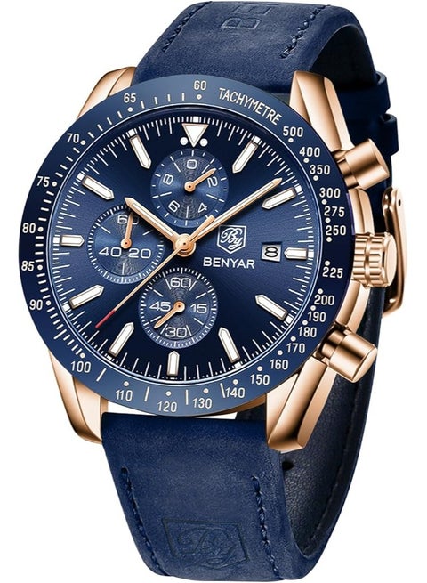 Mens Watch Waterproof Chronograph Date Watch for Men Leather Strap Quartz Movement Analog Watch Business Casual Gift for Men