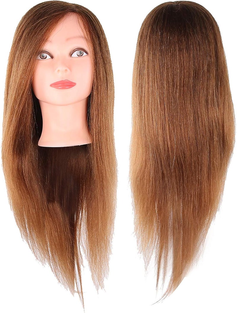 Hairdressing Mannequin Head with Human Hair, Cosmetology Doll Head for Practice, 60 - 65cm Real Hair Mannequin for Cutting Styling Dyeing, Includes Stand for Salon School Home Use (Brown) - Image 1