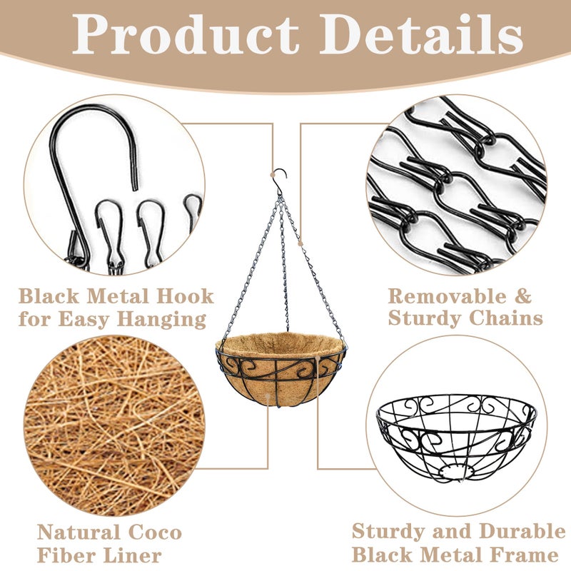 EIMQUVW Outdoor Metal Hanging Planters Basket (2pack, 12 inch) Hanging Baskets for Plants Chain Round Wire Plant Holder with Coco Fiber Liners for Garden, Patio, Deck, Porch(Flower Border) - Image 5