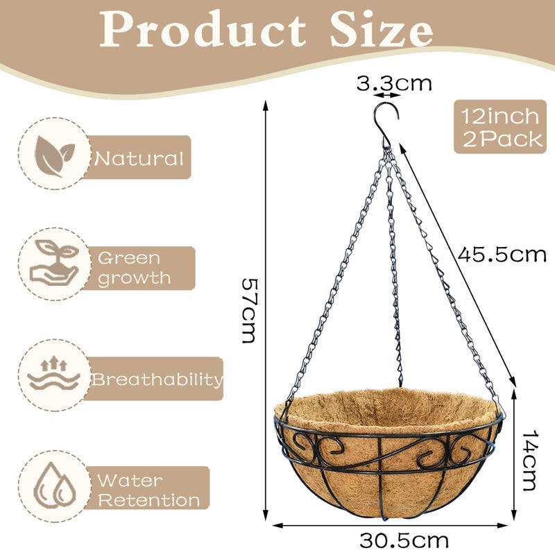 EIMQUVW Outdoor Metal Hanging Planters Basket (2pack, 12 inch) Hanging Baskets for Plants Chain Round Wire Plant Holder with Coco Fiber Liners for Garden, Patio, Deck, Porch(Flower Border) - Image 3