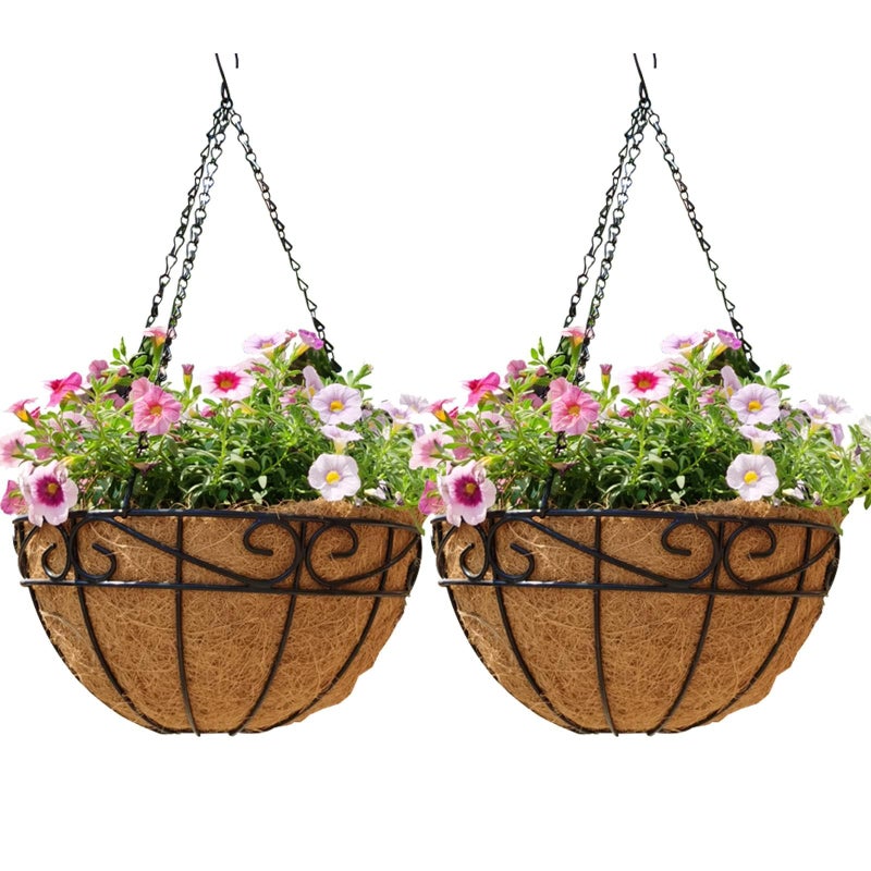 EIMQUVW Outdoor Metal Hanging Planters Basket (2pack, 12 inch) Hanging Baskets for Plants Chain Round Wire Plant Holder with Coco Fiber Liners for Garden, Patio, Deck, Porch(Flower Border) - Image 1