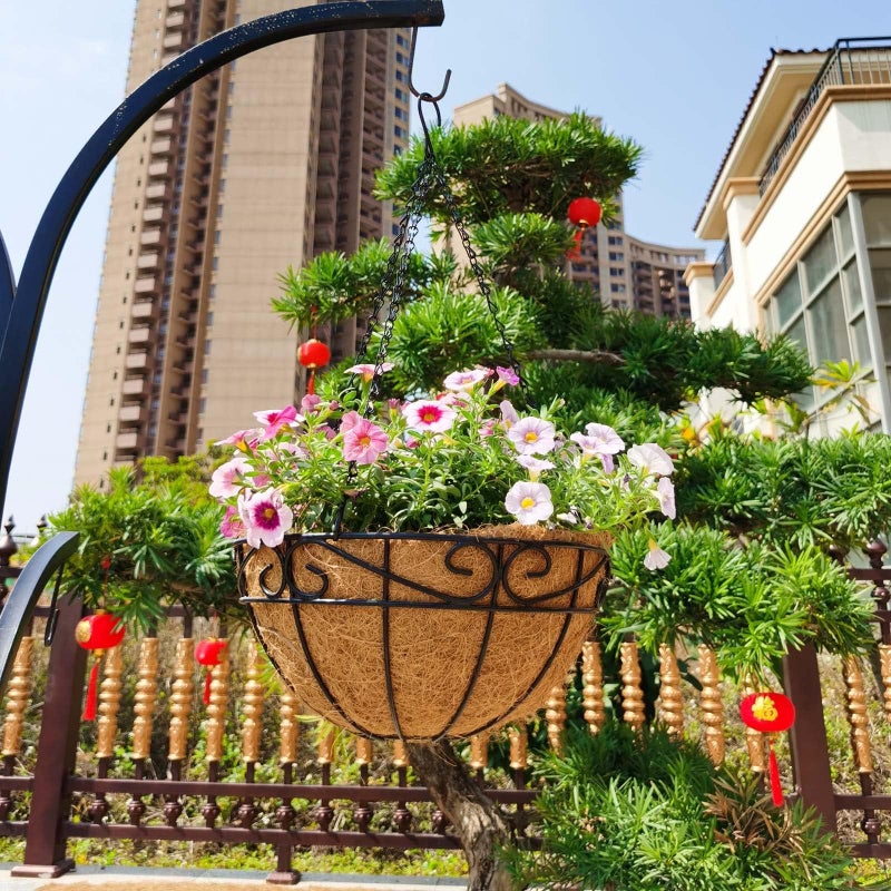 EIMQUVW Outdoor Metal Hanging Planters Basket (2pack, 12 inch) Hanging Baskets for Plants Chain Round Wire Plant Holder with Coco Fiber Liners for Garden, Patio, Deck, Porch(Flower Border) - Image 2