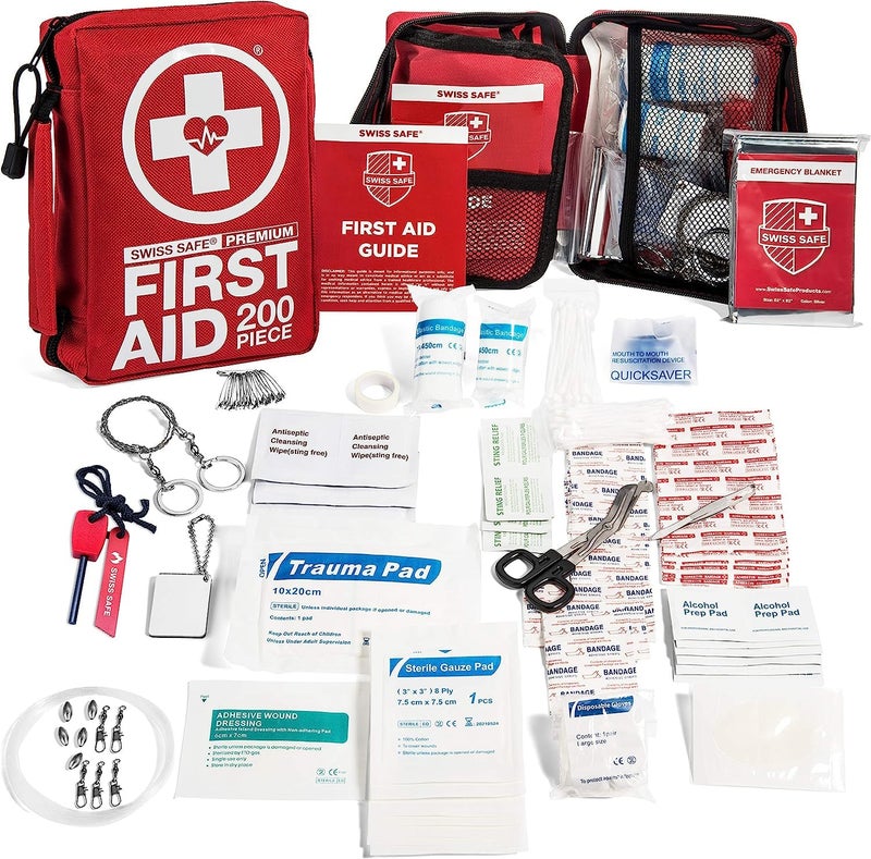 Swiss Safe 2-in-1 First Aid Kit for Car, Travel & Home, Businesses - Bonus Mini Kit for Medical Emergency Aid, Survival, Camping - FSA & HSA Eligible - 200 Pcs, Medium FAK - Image 1