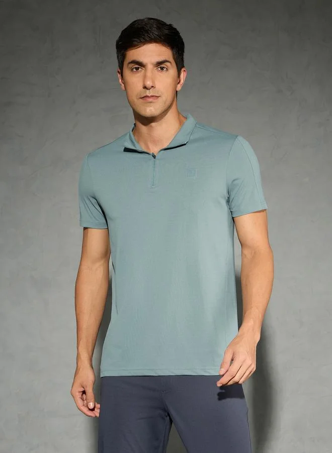 Technosport Technosport Solid 4-Way Stretch Half Zip Front Slim Fit Polo T-Shirt