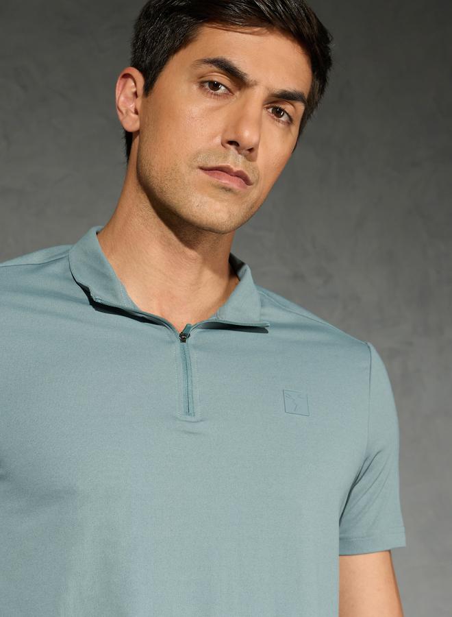 Technosport Solid 4-Way Stretch Half Zip Front Slim Fit Polo T-Shirt - Image 2